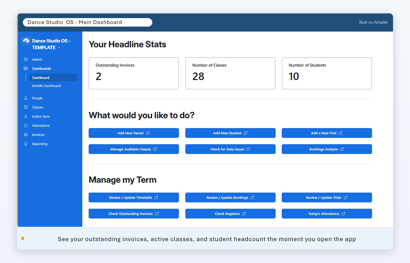 Dance Studio OS dashboard showing student stats, class list, and quick actions